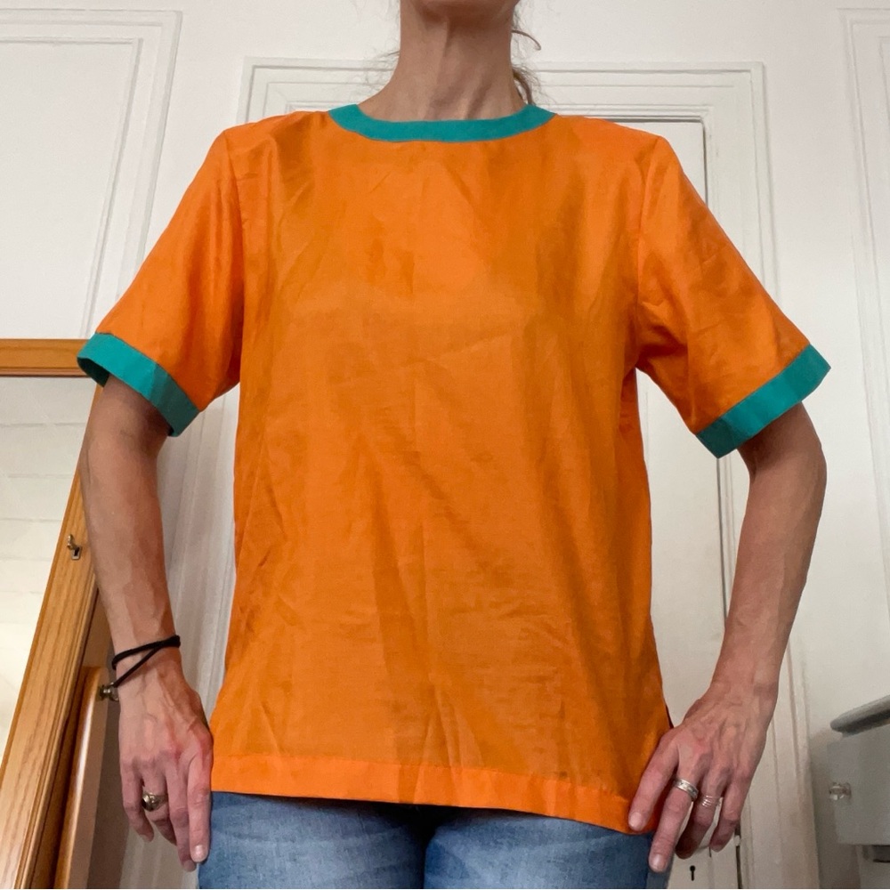 VTG Orange Short Sleeved Blouse with Green Trim